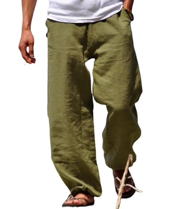 Spring and Summer Men\'s Casual Cotton Linen Elastic Waist Blend Comfortable and Soft Beach Casual Pants