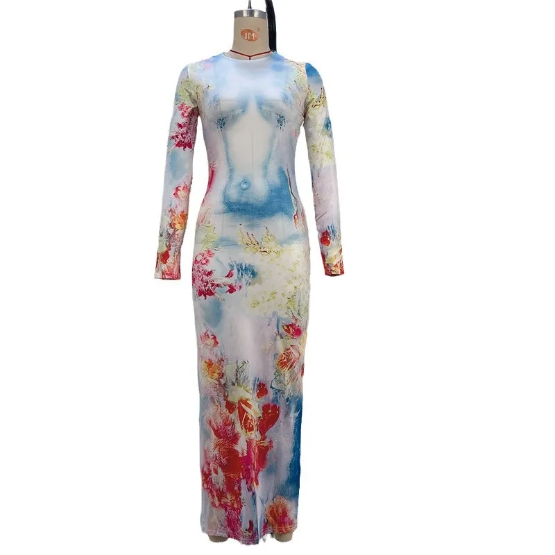 Slim Fit Longo Sve redondo Ne Dr Floral Estampado cintura média malha poliéster Thi Winter Basic Sle Bodycon Saia