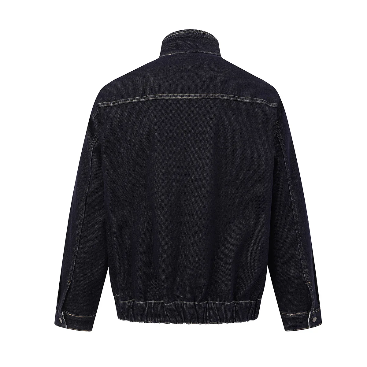 MWJLPWQ Raw Dark Denim Jacket Men Stand Collar Snap Button Work Jacket Unwashed Utility Coat Striped Liner Denim Outerwear 20699