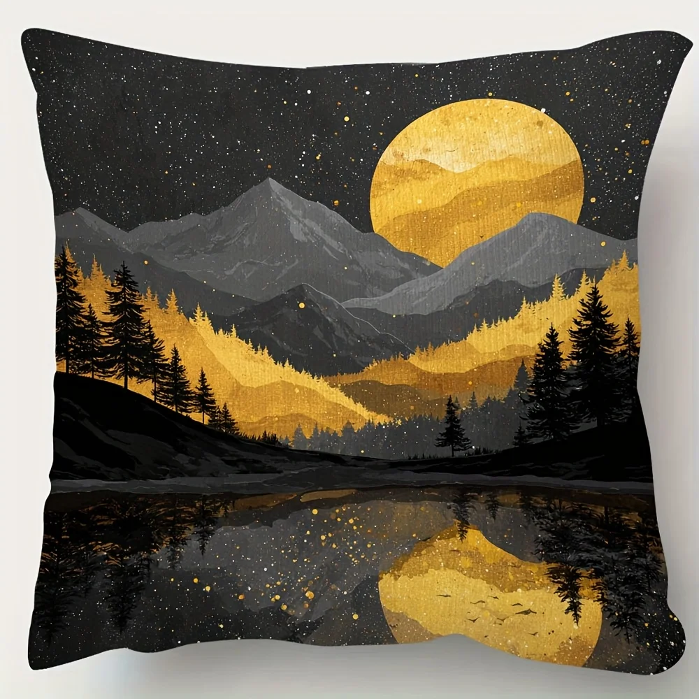 Black Pillow Cover Golden Moon Mountain Landscape Starry Night Art Print 18x18 Inch Square Decor
