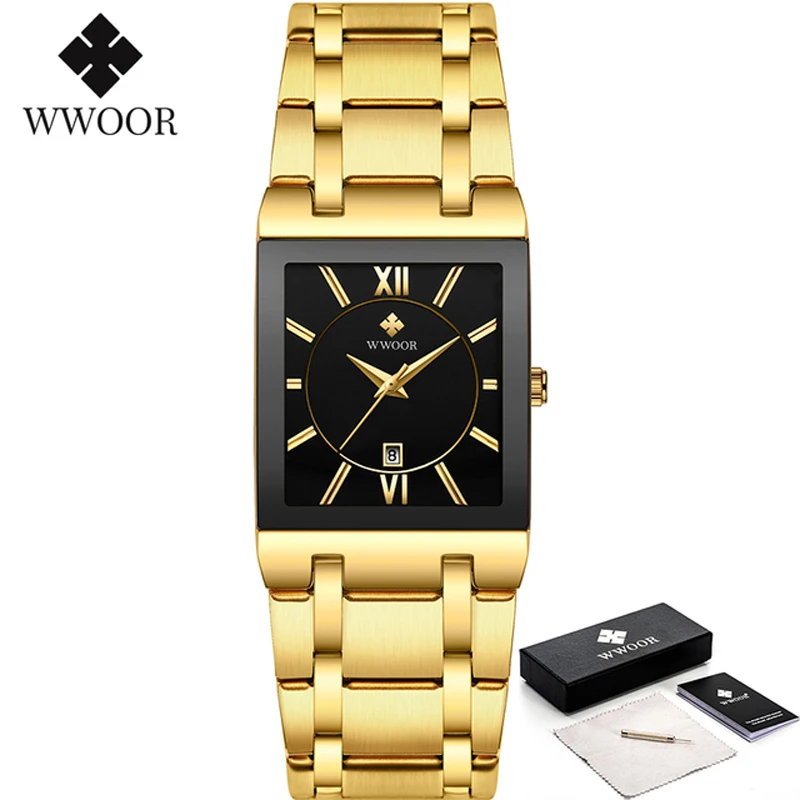 Fashion Stainless Steel Watches Men 2024 WWOOR Square Waterproof Quartz Watch Men Top Brand Luxury Gold Black Wristwatch For Man