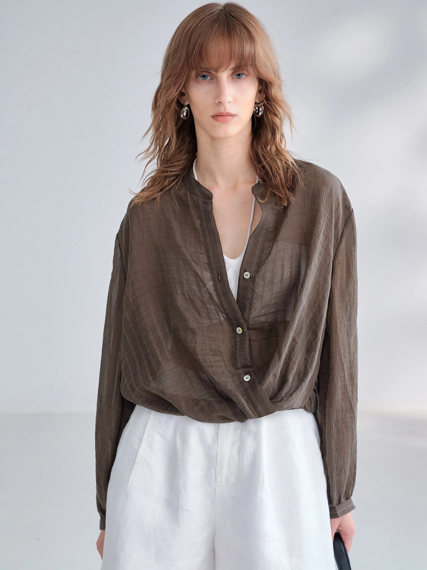 Linen Blend Lightweight Shirt Women Summer Shirt Dark Pattern Breathable Long Sleeve V-Neck Open Cardigan Style Casual Shirt