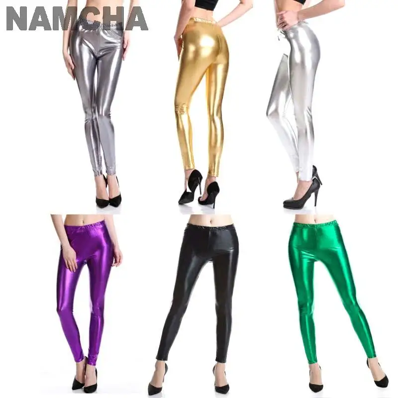 Metálico PU Faux Leather Leggings para mulheres, calças brilhantes, calças skinny, Sexy Nightclub Streetwear, roupas de desempenho, calças justas