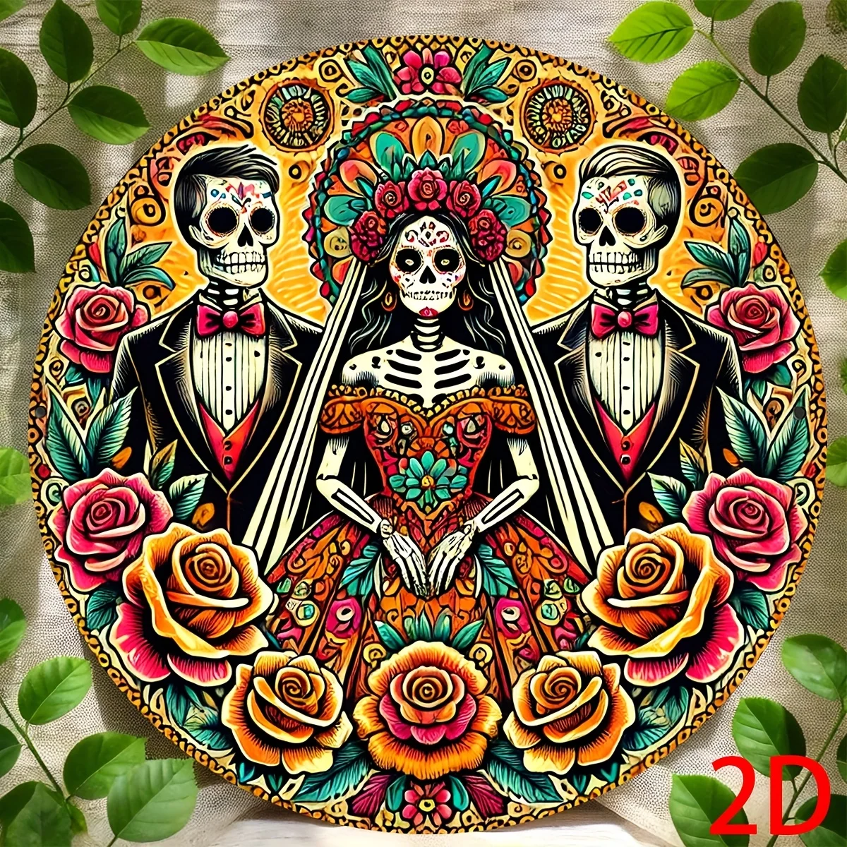 علامة خشبية دائرية مسطحة ثنائية الأبعاد: هيكل عظمي يوم الموتى للعروس والعريس، قلادة خشبية قديمة، ديكور يوم الموتى