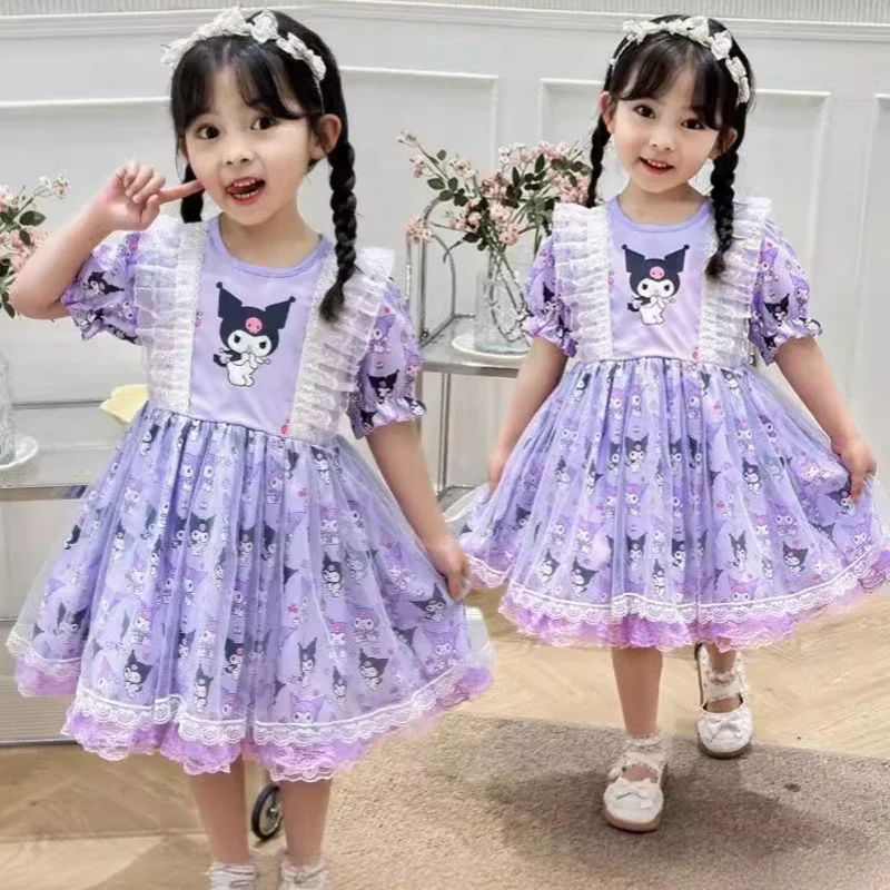 Sanrio Kuromi My Melody Girl Lolita Princess Dress Suit Summer Fashion Kawaii Children Short Sleeve Dress Baby Puffy Skirt Gift