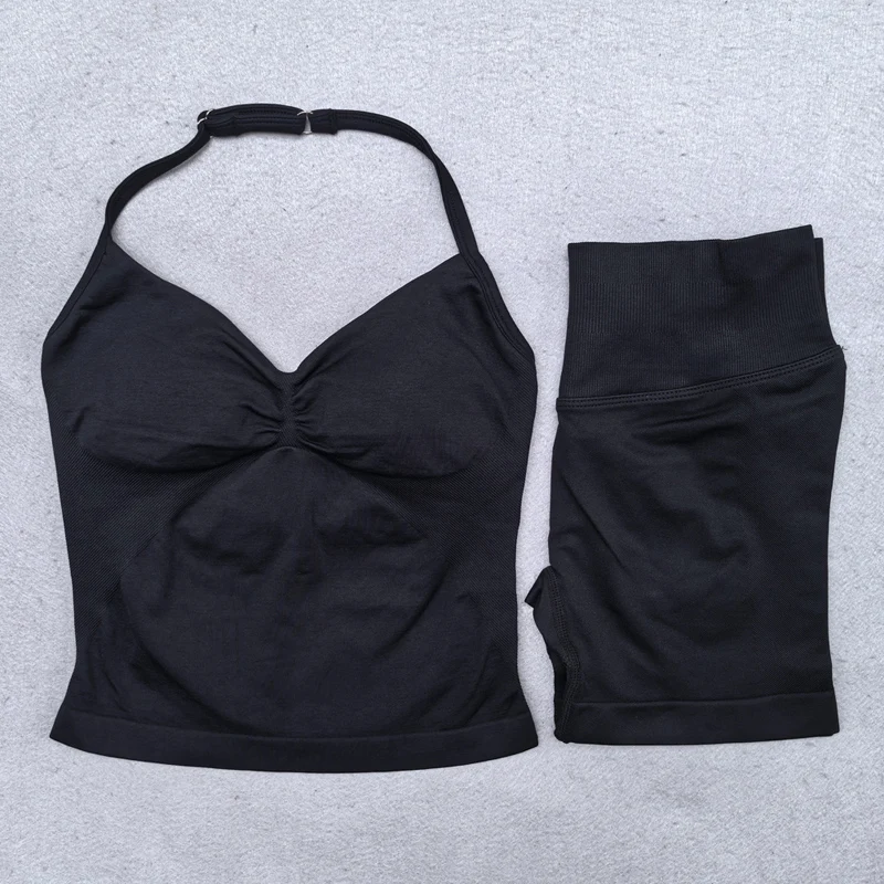 2 Pieces Seamless Yoga Set Workout Clothes Shorts Sets Adjustable Longline Strappy Top Scrunch Shorts Yoga Clothing Gym Set image 2