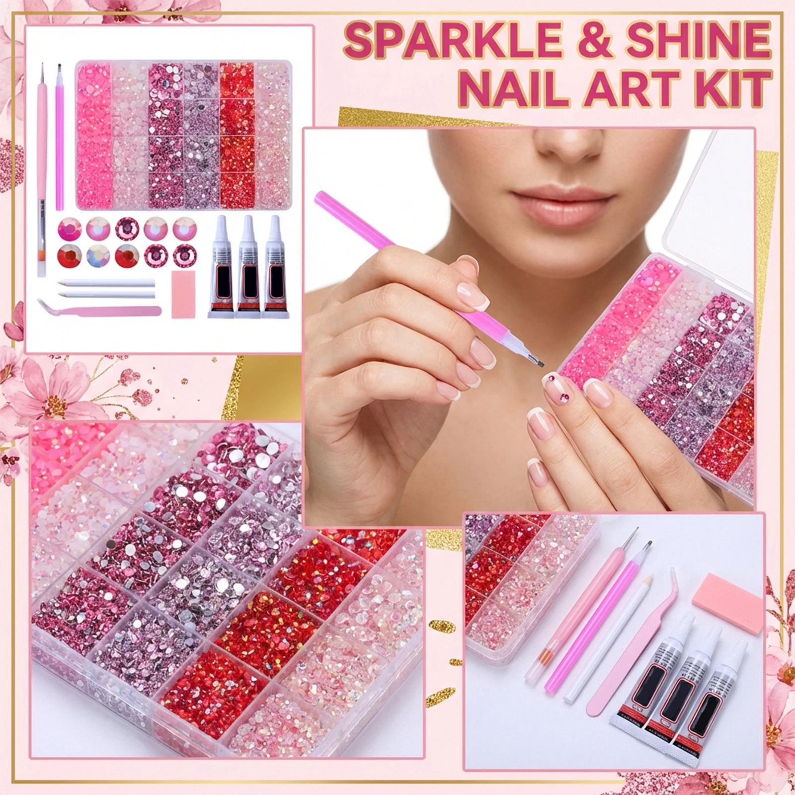 24 Grid Mixed Nail Art Kit Sparkle Resin Imitation Pearls Rhinestones for DIY Nail Decorations Accessories Set