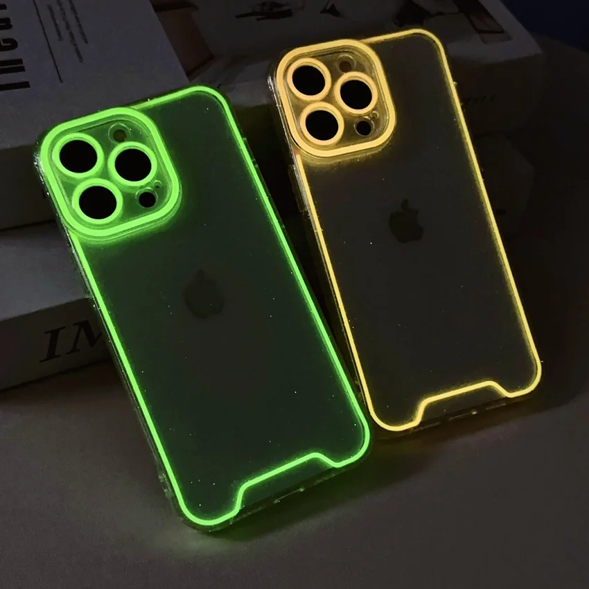 Bling Glitter Luminous Glow Dark Case For iPhone 14 15 Pro Max 11 12 13 Plus XR X XS Max Neon Fluorescent Clear Silicone Cover