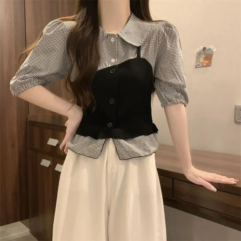 2024 Summer New Fashion Spliced Ruffled Neck Striped Fake Two Pieces Top Puff Sleeve Korean Streetwear Office Lady Ladies Shirt