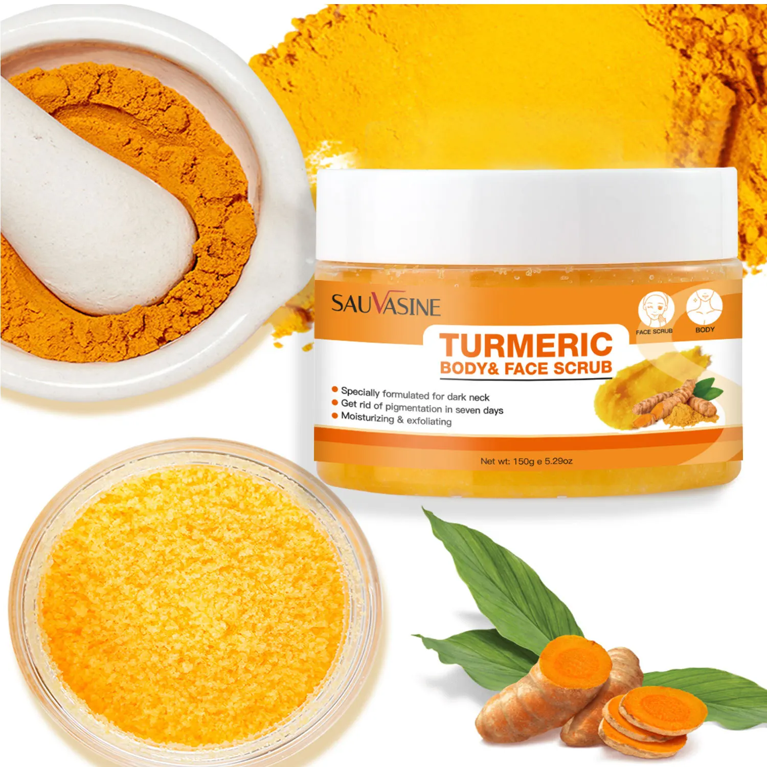 Turmeric Neck & Face & Body Scrub Whitening and Exfoliating, Reduce Skin Dullness Soften Rough Skin, 150g