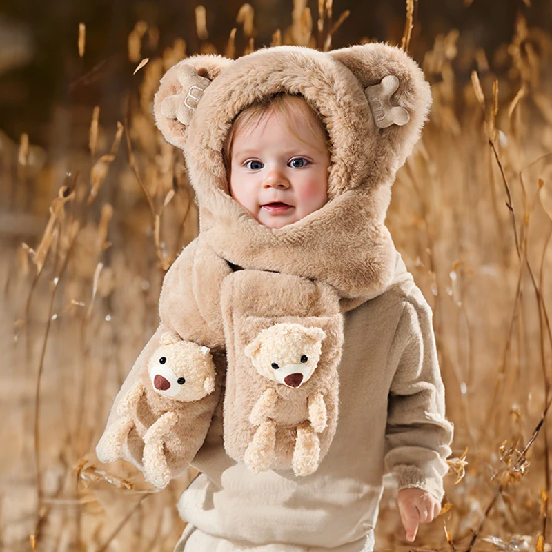 

Winter Baby Hat Scarf One-Piece Faux Fur Kids Hats Cartoon Bear Warm Neck Ear Cap for Boys Girls Windproof Beanies Infant Stuffs