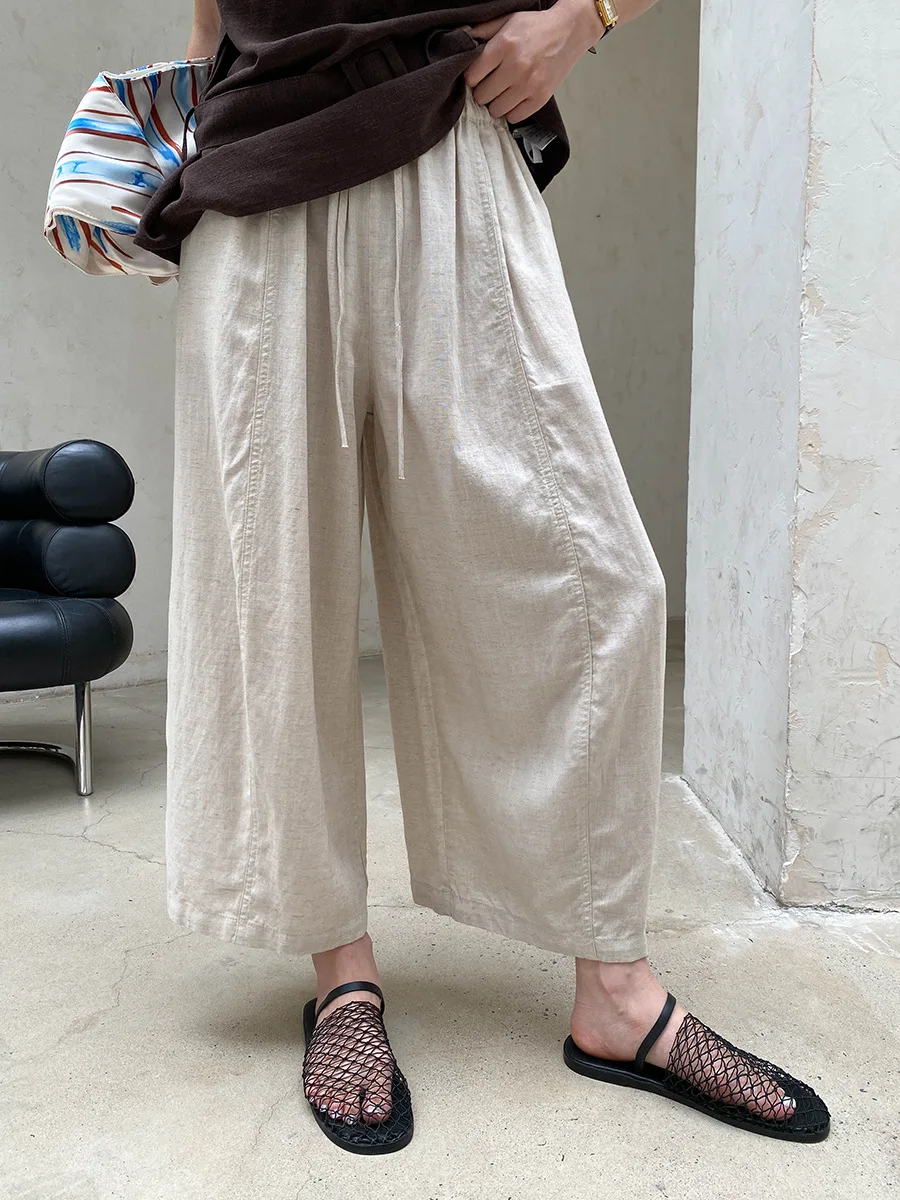 Sommerliche High-Waist-Hose mit weitem Bein für Damen, lässige, einfarbige, locker sitzende Hose – Detail 29