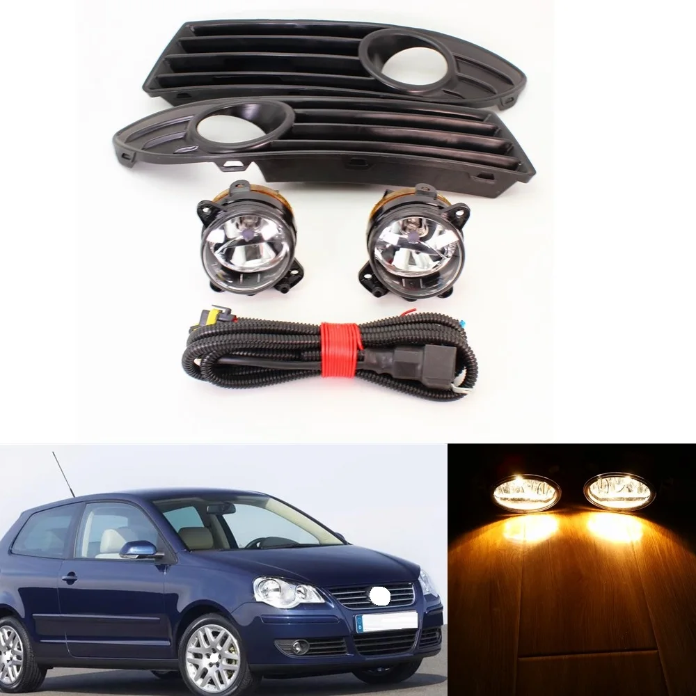 Front Haogen / LED Fog Lamp Light With bulbs + Grille +Wire For VW Polo 9N3 MK4 Facelift 2005 2006 2007 2008 2009 2010