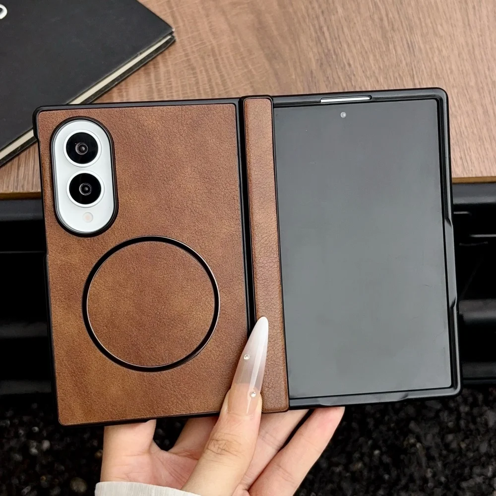 Fold8 Business Leather Texture Magnetic Hinge Back Case For Samsung Galaxy Z Fold8 Ultra Fold 8 7 6 5 For Magsafe Phone Case