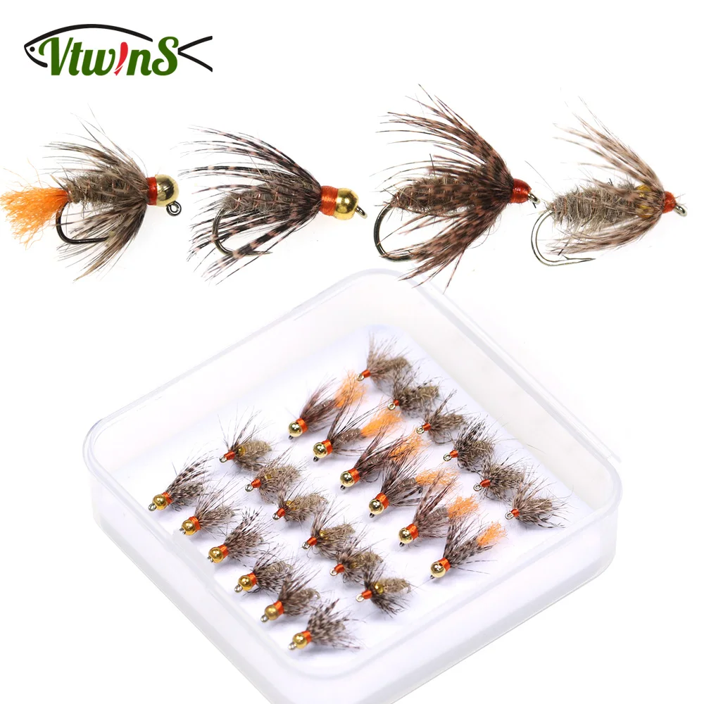 Vtwins Brass Bead Head Jig Hook Soft-Hackle Hare's Ear Fly Mayfly Emerger Nymph Trout Flies Kit Fly Fishing Lure Bait Accessorie