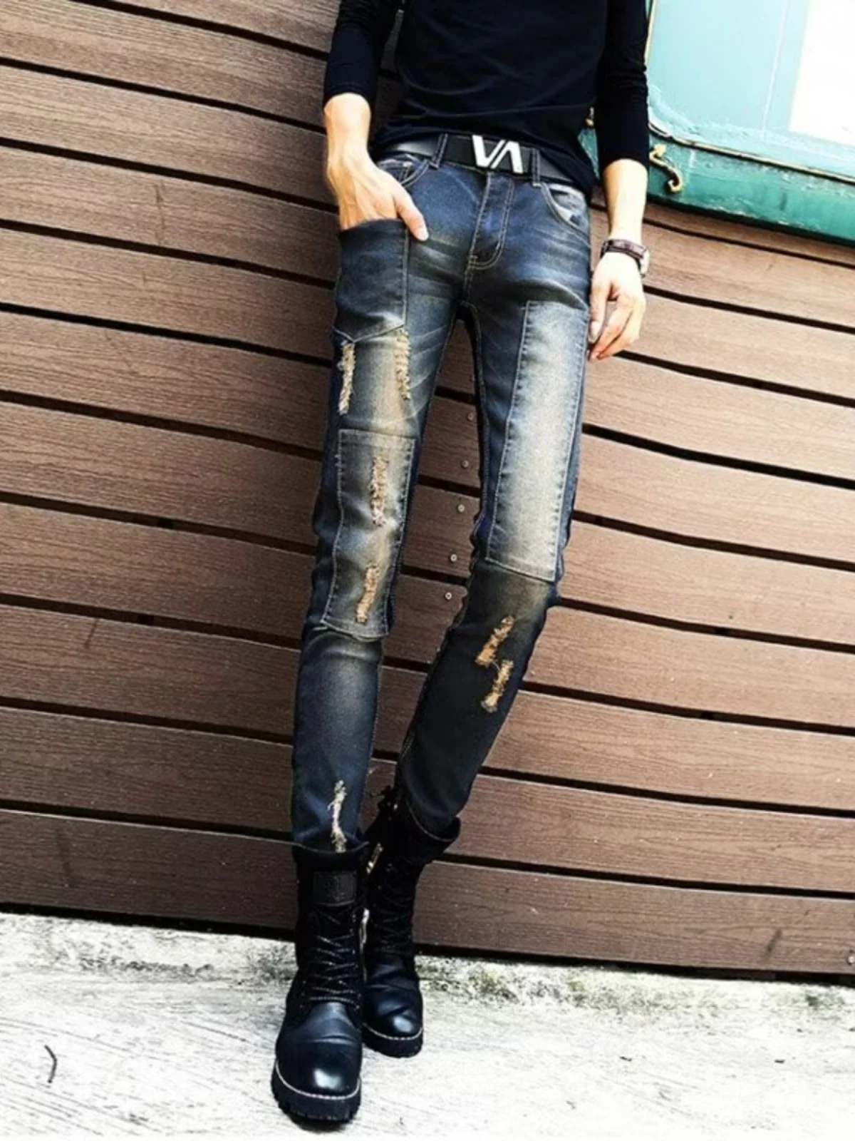 

Spring New Sle Men's Ripped Denim Jeans Trendy Korean Sle Wear-resistant Patchwork Slim Fit Teenagers' Small Straight Leg...