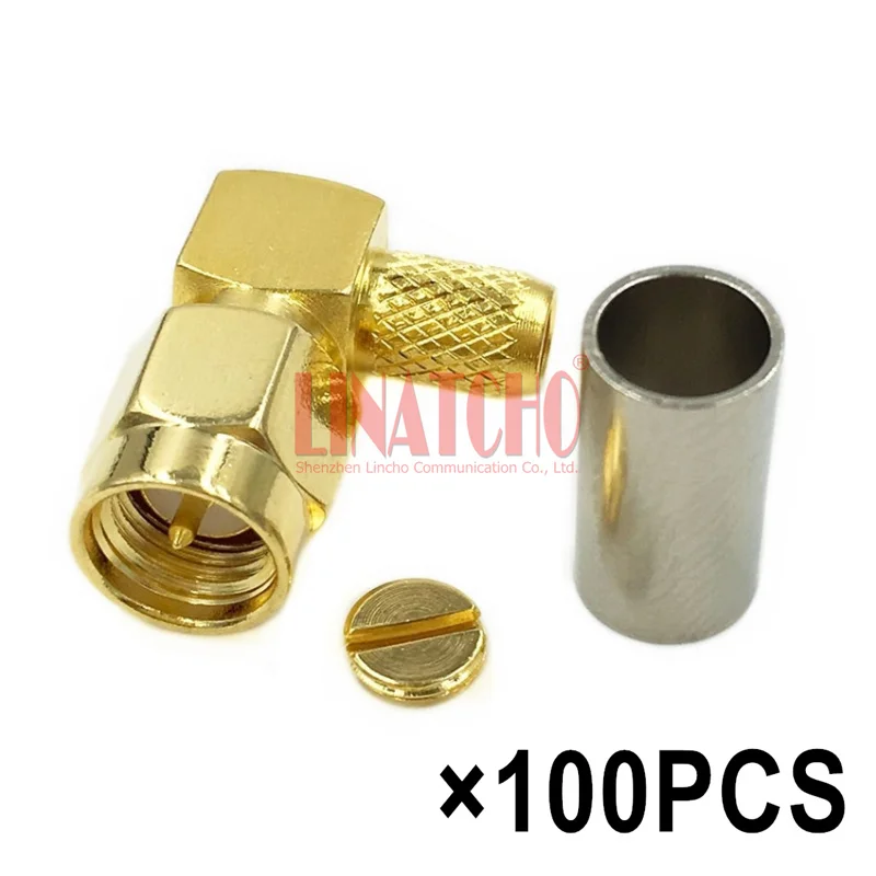 

100 шт. коаксиальных радиочастотных разъемов SMA (штекер, угловой) для кабелей RG58, RG142, RG223, RG400, LMR195, 3D-FB, обжимные
