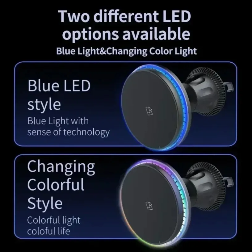 سيارة 30 واط حامل هاتف مغناطيسي حامل سيارة شاحن لاسلكي RGB آيفون 16-12 برو ماكس Macsafe جبل محطة شحن سريع