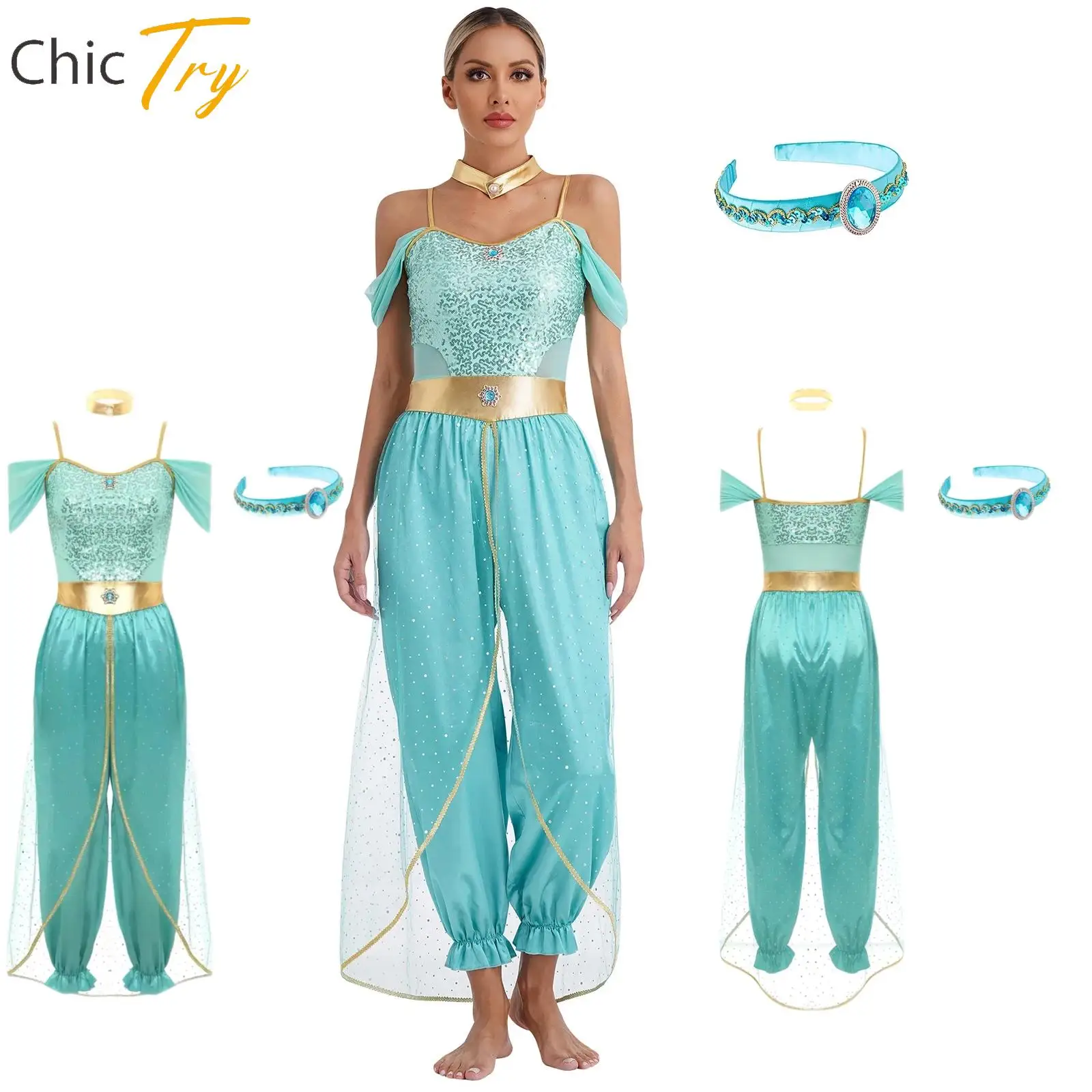 

Halloween Arabian Princess Costumes Womens Festival Carnival Party Jasmines Outfit Sequin Tulle Rompers Belly Dance Jumpsuit