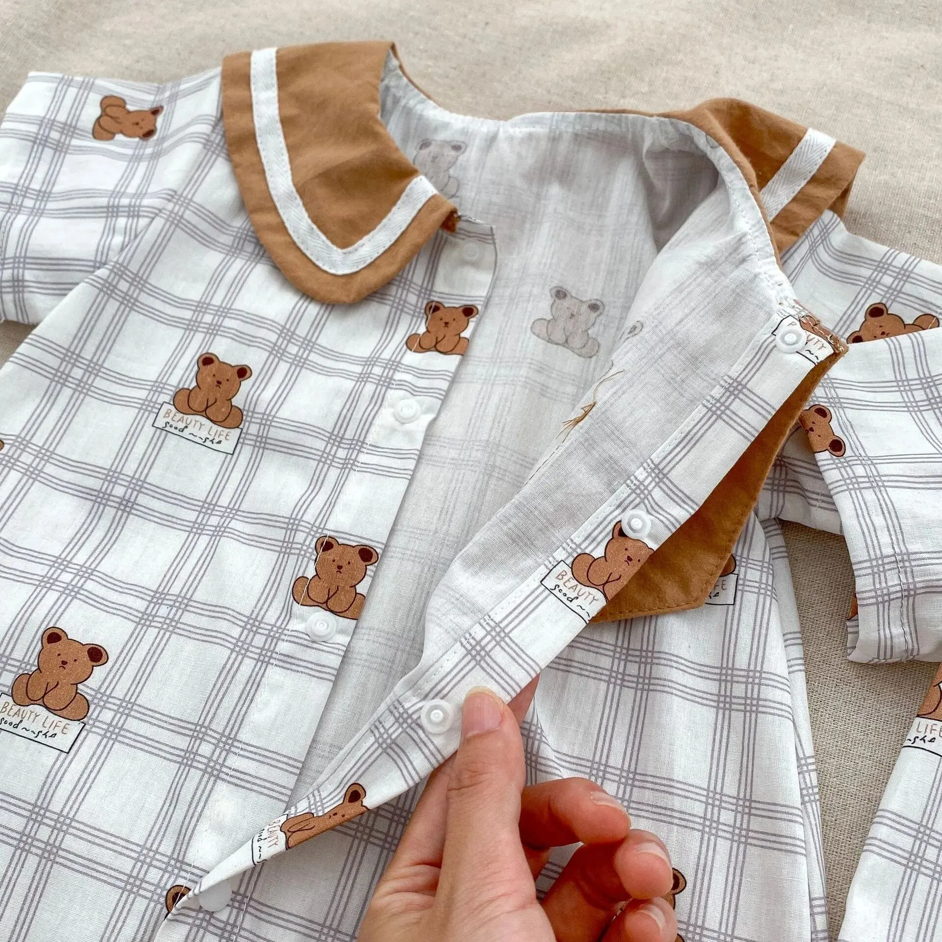 2024 Summer New Arrival: Kids Baby Boy Short Sleeve Jumpsuit with Navy Collar, Plaid Cartoon Bear ,Tie, Perfect for Infants N