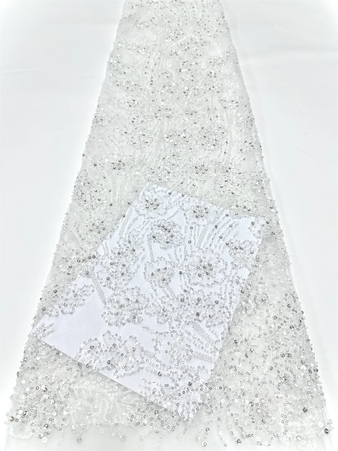 

Wholesale White Wedding Dress Lace Fabric High Quality Beaded Lace 2025 Sequenced Lace Fabric Embroidered Flower Lace