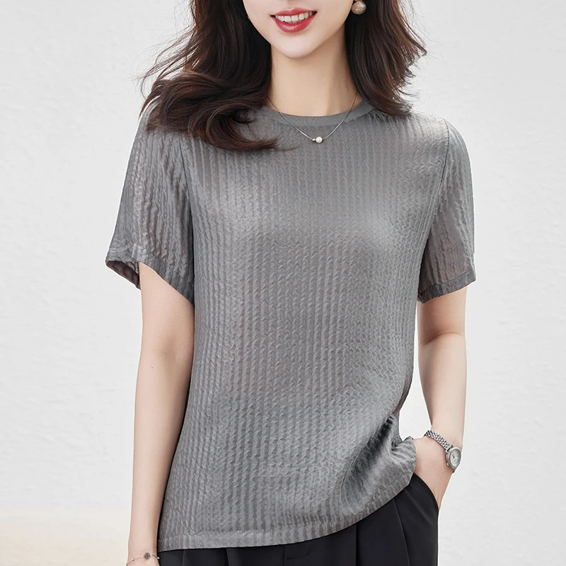 New 100% Real Silk Women's T-shirt 2026 Summer O-neck Elegant T-shirts for Women Tees Short Sleeve Tops Woman Casual T Shirt