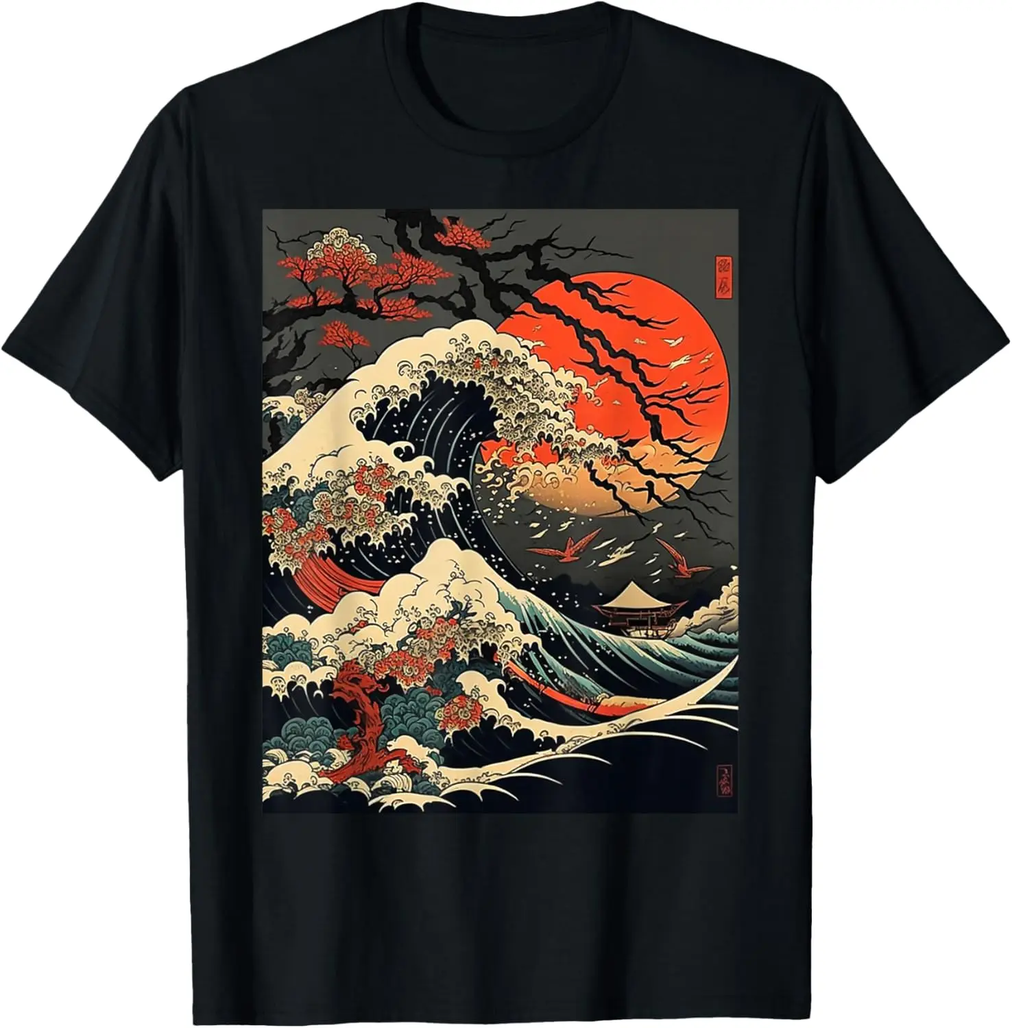 Vintage Japanese Art T Shirts Wave Cherry Blossom Tees For Men And Women 100% Cotton Trendy Y2K Short-Sleeve Tee-Soft,