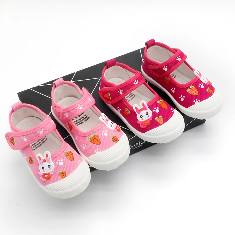 JGSHOWKITO Girls Canvas Shoes Soft Sports Shoes Kids Running Sneakers Candy  With Cartoon Rabbit Carrots Prints Children