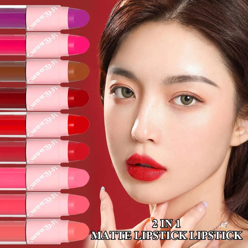 ลิปสติกแบบ2 in 1 18สีลิปกลอสสีม่วงลิปกลอสลิปสติดทนสองหัวสีเข้มลิปสติกแต่งหน้ากันน้ำ Q7F5กำมะหยี่สีแดง