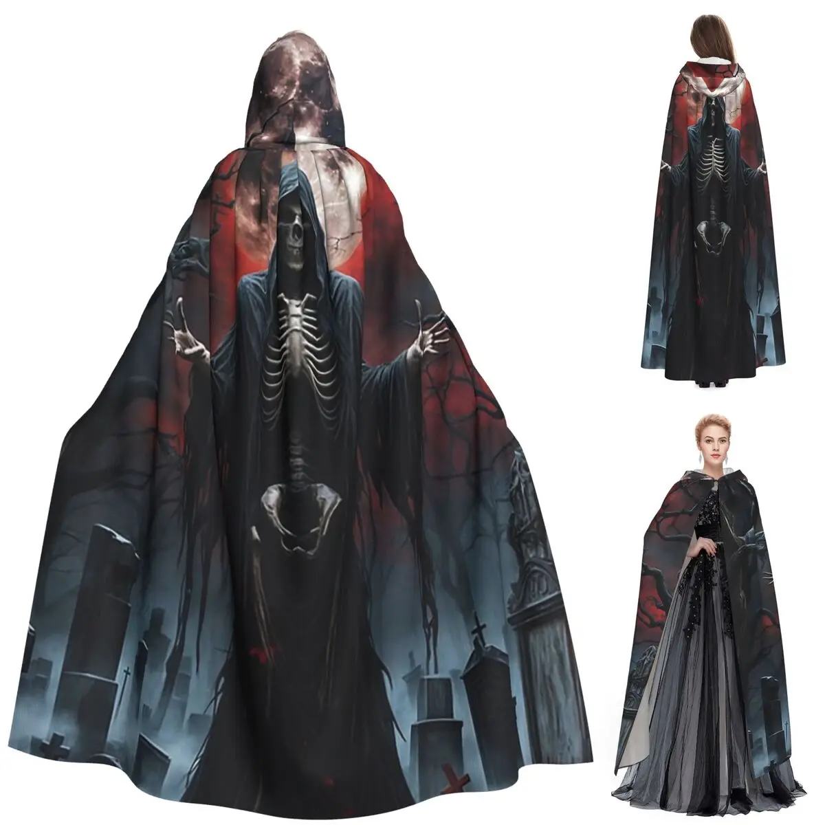 

Grim Reaper In Haunted Graveyard Halloween Skeleton Skull Long Hooded Cloak Witch Medieval Costume Cosplay Cape HalloweenParty