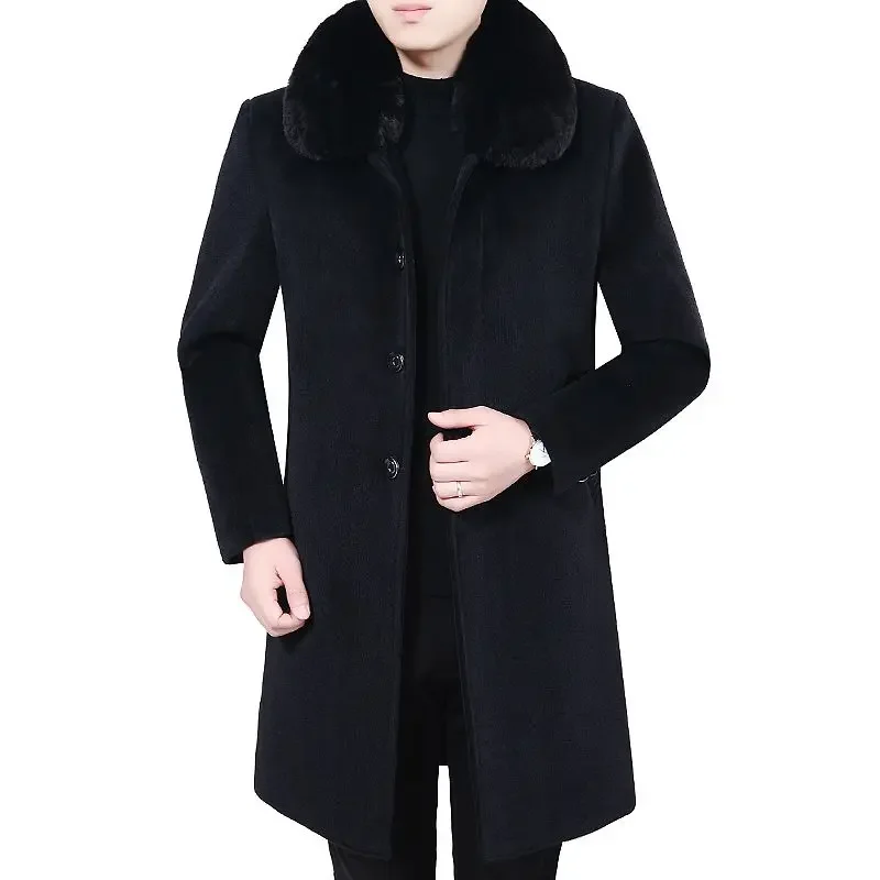 2024 Middle-Aged Men Casual Woolen Medium Length Coat Winter Long Over-the-Knee Warm Thickened  Large Size Loose Outwear A192