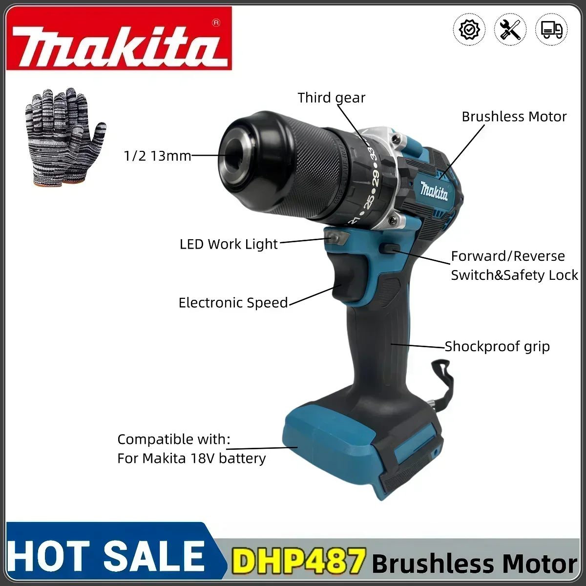 Makita DHP487 13mm cordless impact drill 18V electric variable speed brushless motor impact power tool drill