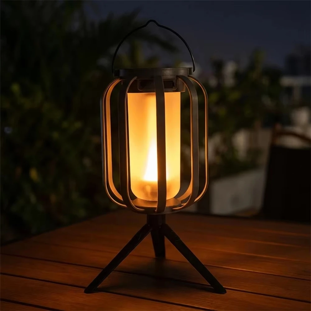 Retro LED Camping Lantern Flame Effect Portable Outdoor Tent Light Rechargeable Waterproof Garden Patio Decor Lamp with Tripod