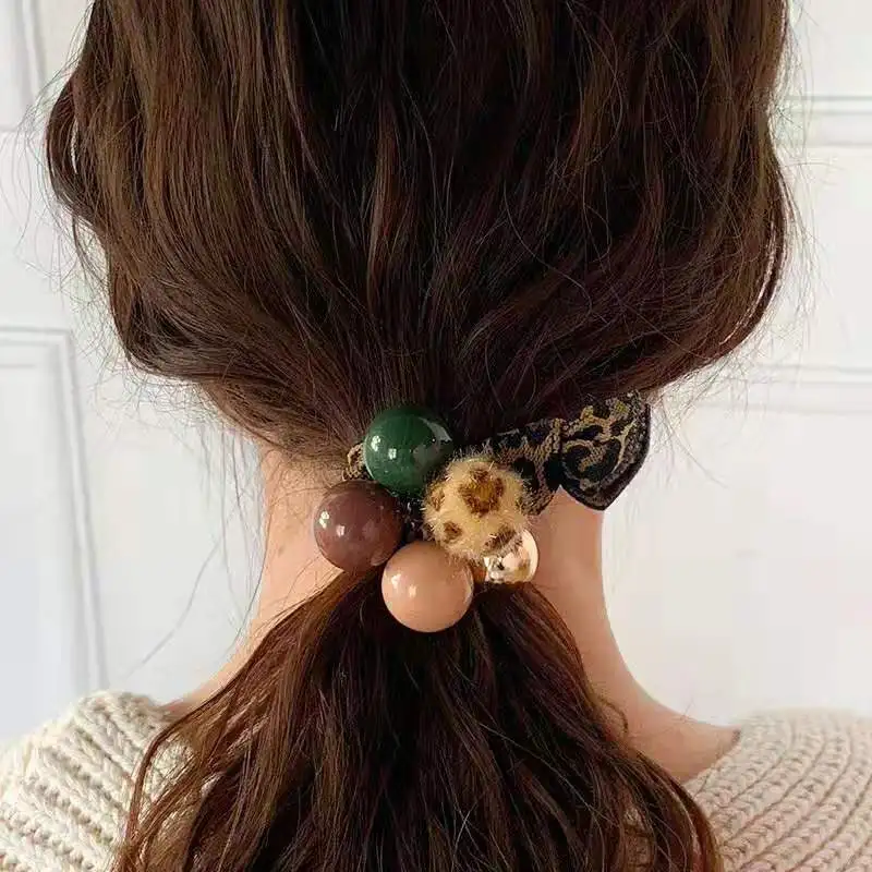 Vintage Leopard Print Hair Ties Fashoin Elastic Rubber Band Imitation Pearl Pompom Hairband Ponytail Scrunchies Hair Accessories