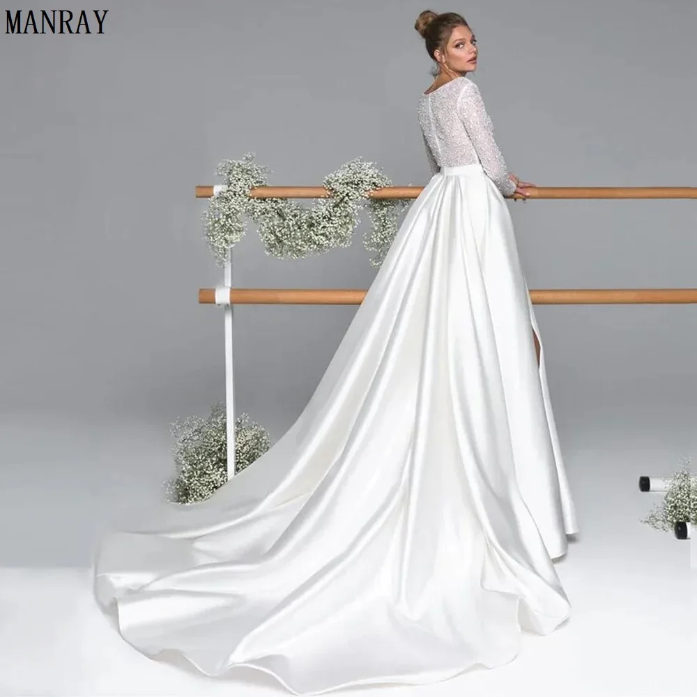 MANRAY Satin Long Sleeve Wedding Dress Luxury Deep V-Neck Side Split Bridal Party Gown vestido de novia Sweep Train 2023