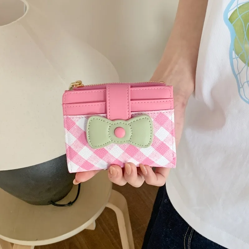 Fashion New Short Checkered Bow Wallet Multiple Card Slots Dopamine Card Bags Coin Purse For Women Girls Gifts