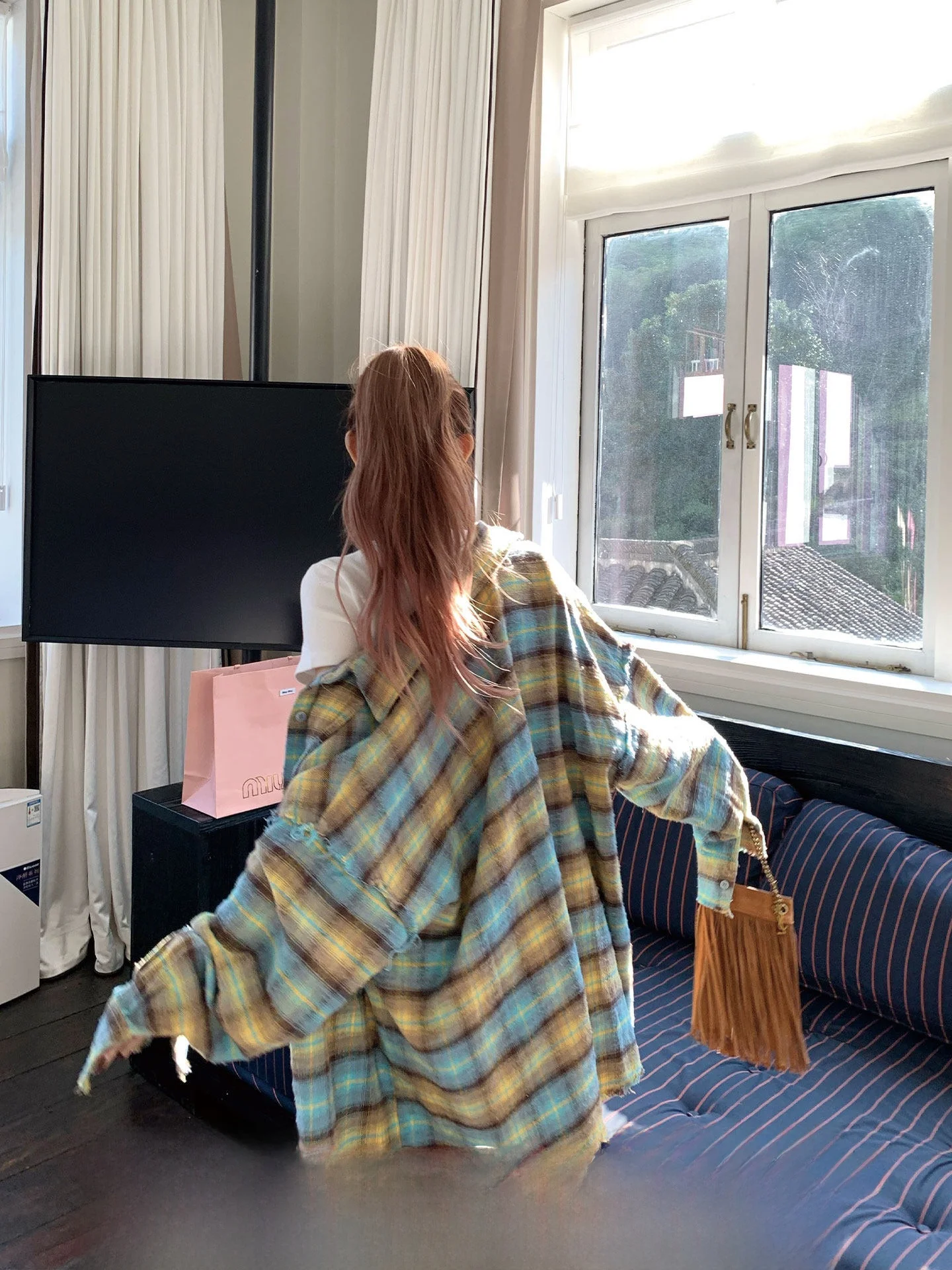 

Okaaay Early Spring American Retro Plaid Flocking Long Sleeve Casual Loose Women's Shirt Spring Field Row Loose Coat
