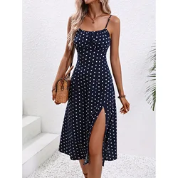 Summer Polka Dot Printed Womens Dresses Elegant Square Neck Sleeveless Sexy Chiffon Long Dress Beach Holiday Vestidos Lady Robe