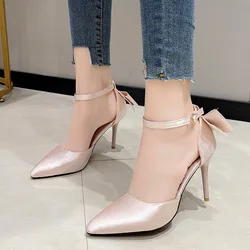 Sweet Women's Fashion Single Shoes Thin Heels High Heels Shallow Mouth Pointed Hollow Back Bow One-line Sandals for Women