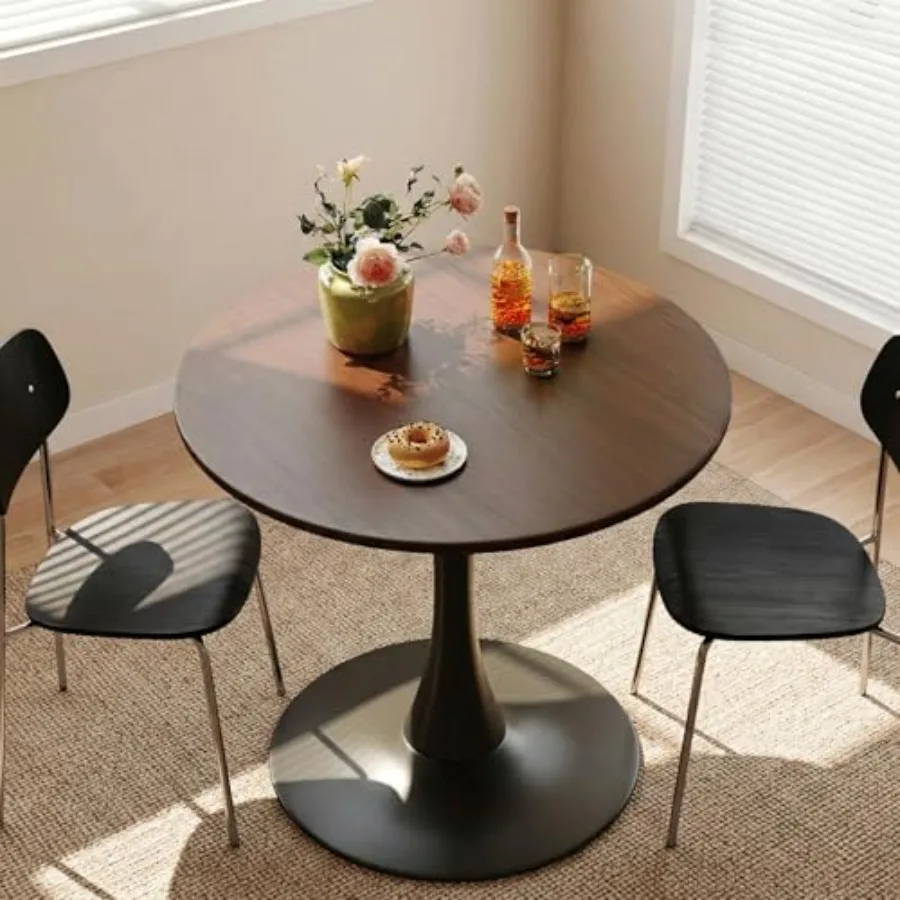 

23.6'' Small Dining Table for 2-4 People Thick MDF Round Kitchen Table with Metal Pedestal Walnut Tulip Table Round Dinner Tabl