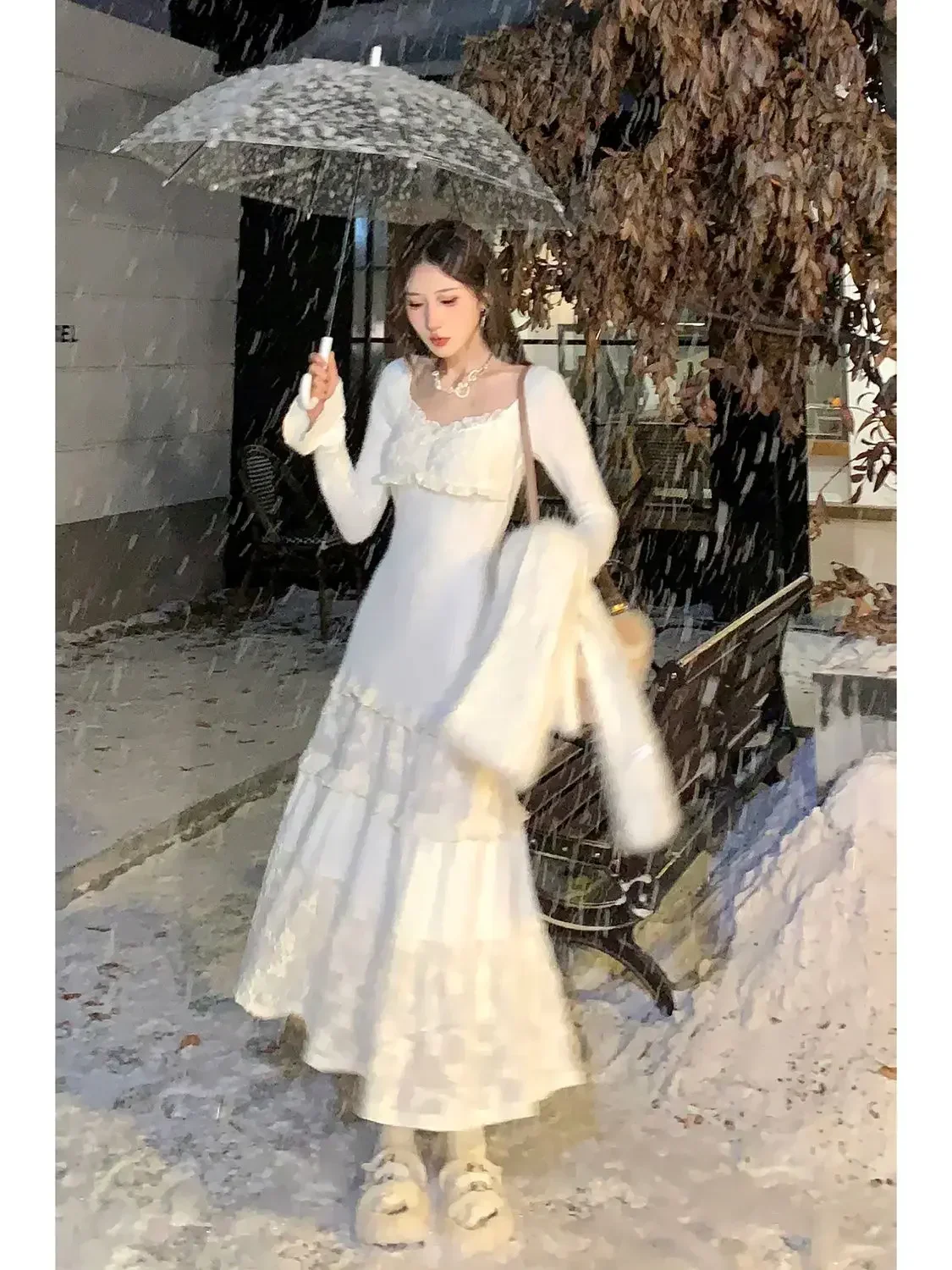 

2024 Spring Elegant Knitted Dress Women Lace Patchwork Koeran Princess Midi Dress Female Casual Sweet Even Party Fairy Dress