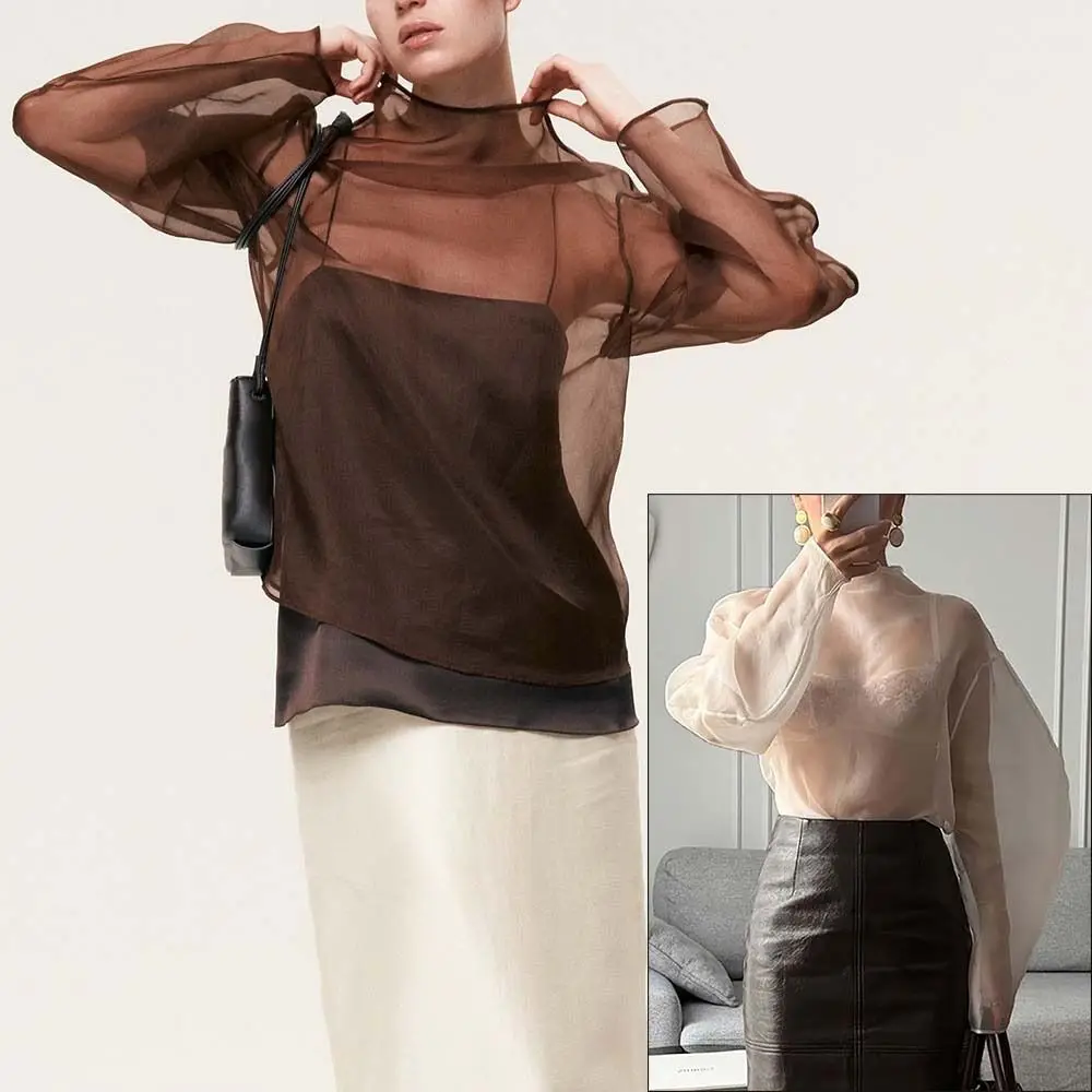 Chic Long Sleeve Mesh Blouse Half-high Collar O Neck Gauze Blouse See Through Cropped Blouse Lady Daily
