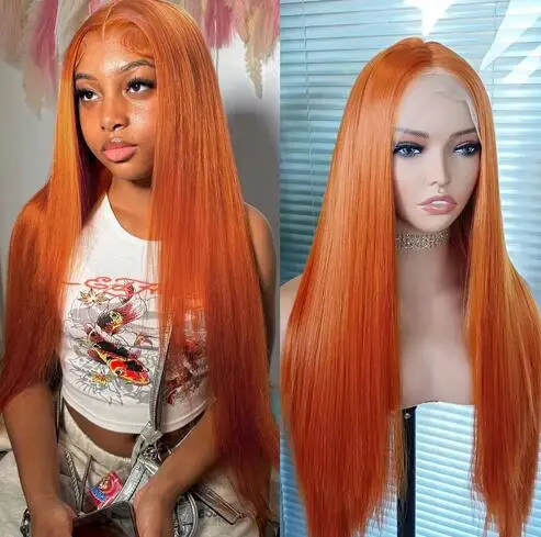 Long Orange Wig Synthetic Lace Front Wig For Women Silky Straight Hair Heat Resistant Hair Natural Hairline Glueless Cosplay Wig