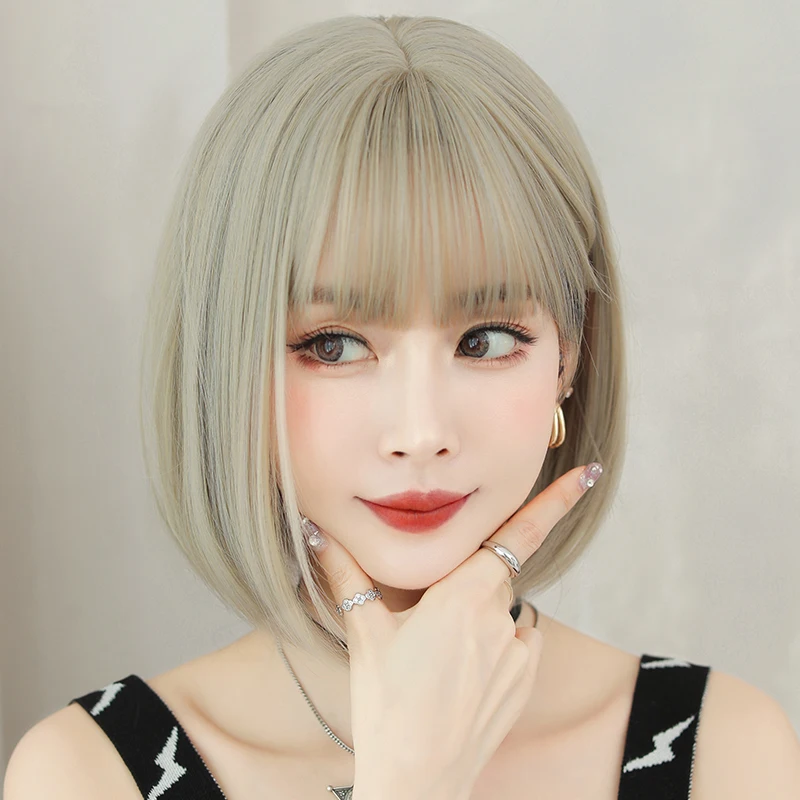 7JHH WIGS High Density Synthetic Short Straight Beige Bob Wig for Women Heat Resistant Ash Platinum Hair Wigs with Air Bangs