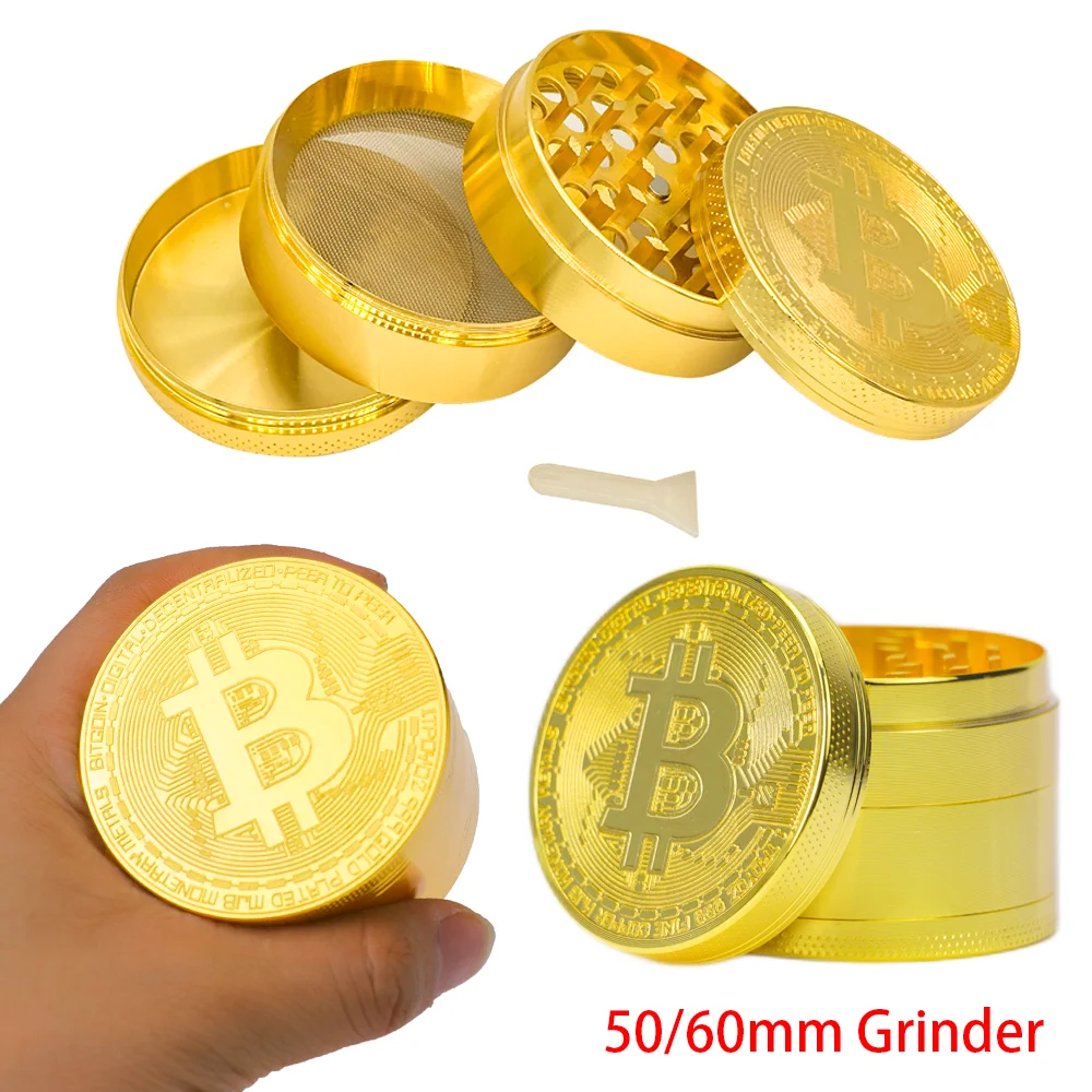 50/63mm Bitcoin Shaped Herb Grinder 3/4 Layer Metal Manual Spice Crusher Tobacco Grinder Smoking Accessories Kitchen Tool