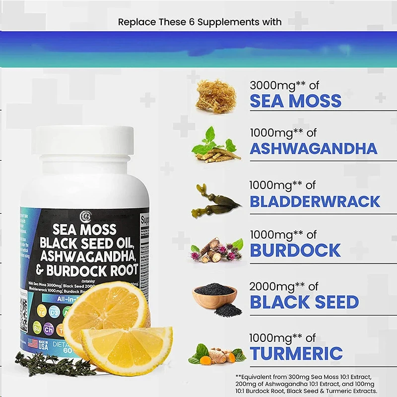 Seaweed 3000mg, Black Seed Oil 2000mg, South African Drunken Eggplant 1000mg, Turmeric 1000mg, Blackerwrite 1000mg