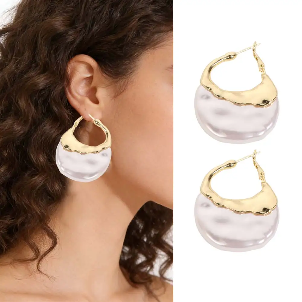 Retro Faux Pearl Earrings Elegant Wrinkled Texture Pearl Pendant Danglers Irregular Shape French Geometric Earrings