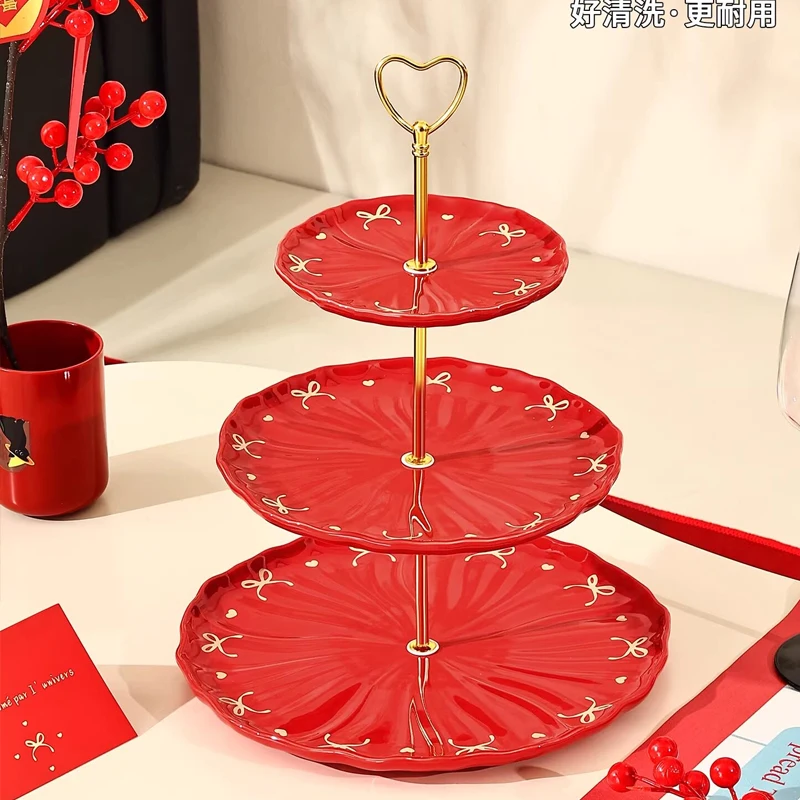 Bow Pattern Dessert Rack Heart-shaped Handle Multi-layer Fruit Candy Tray Wedding Tea Cupcake Display Rack Party Dessert Tray