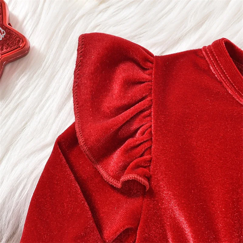 Winter Baby Girls Xmas Velvet Romper Dress Terry Trim Long Sleeve Santa Jumpsuit Christmas Hat Adorable Outfits Costume