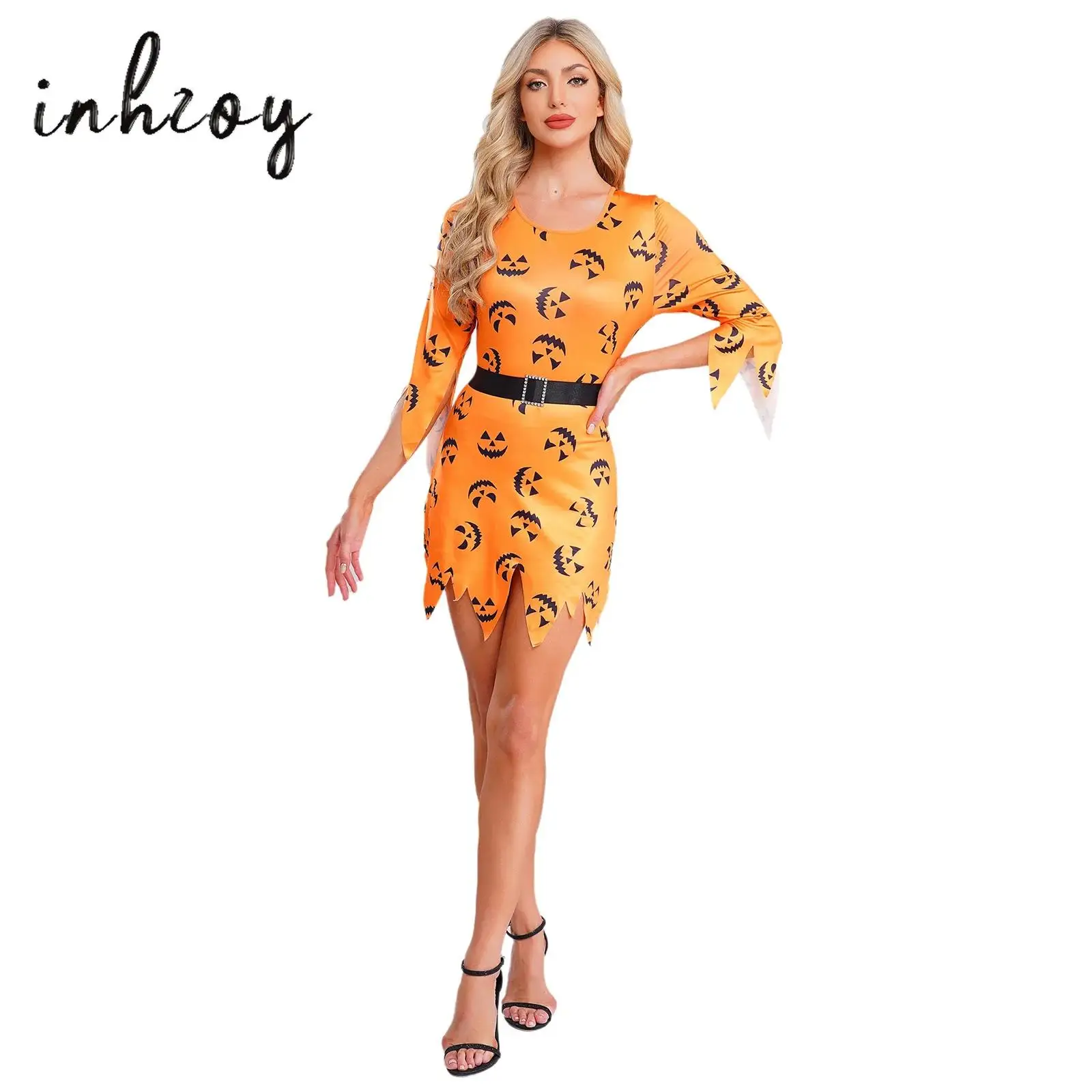

Womens Halloween Spooky Pumpkin Printed Bodycon Dress Crew Neck Long Sleeve Jagged Trim Mini Dress for Raves Party NightClub